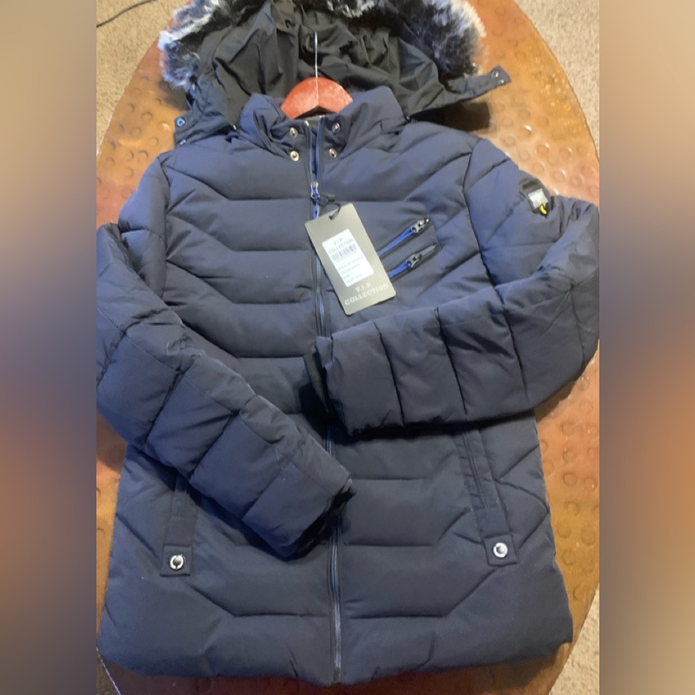 Men's VIP Collection blue winter coat jacket Hooded NWT